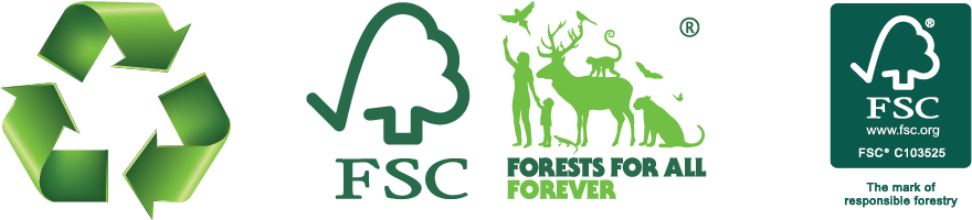 sustainability logos for FSC, recycling and forest for all 